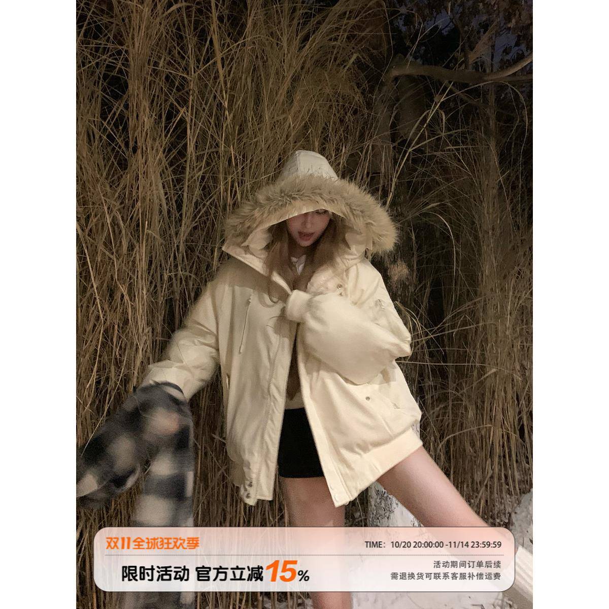 饭饭又饿瞭美式毛领连帽棉衣棉服女冬季宽松休闲保暖面包服厚外套