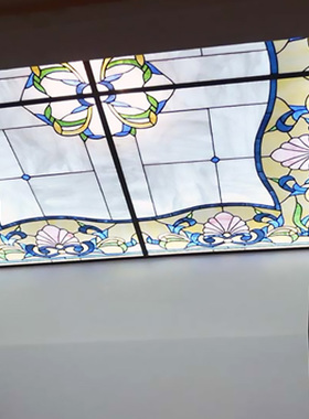 钢化Tiffany蒂凡尼雕刻艺术玻璃玄关屏风窗户 客厅吊顶天花素蓝色