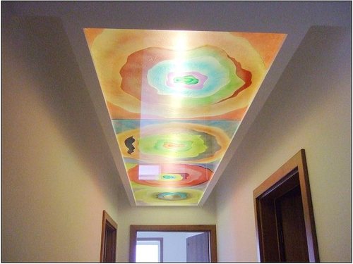 定制雕刻艺术玻璃钢化走廊天花吊顶灯罩抽象幸福圈七彩韵温馨生活