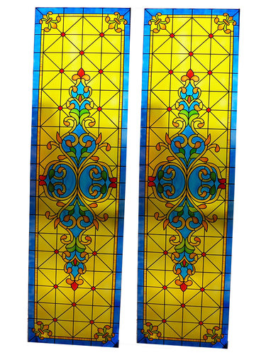 定制透光玄关隔断屏风吊顶柜门芯钢化蒂凡尼欧式雕刻艺术玻璃黄蓝