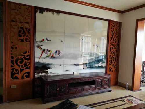 特价定制夹丝3D钢化安全玻璃隔断玄关屏风夹绢夹画艺术墨水画晚霞