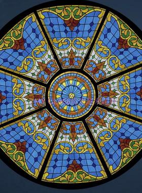 定制别墅玄关门芯吊顶天花雕刻艺术玻璃穹顶大方地中海蓝色半圆形