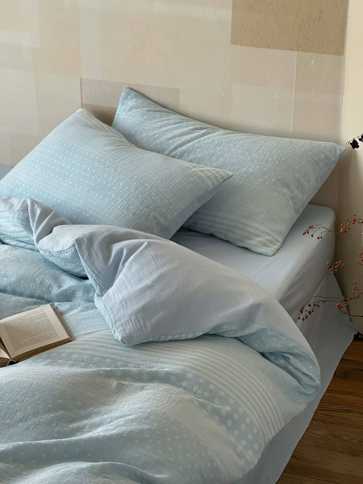 色织提花全棉柔软透气双层纱简约双人床上用品四件套