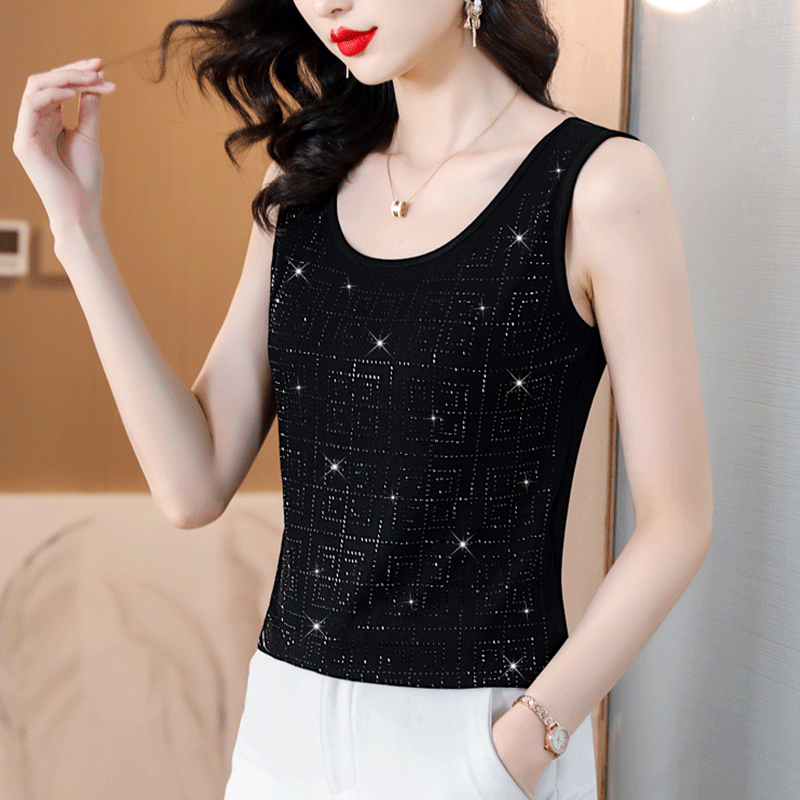 夏季新款吊带无袖背心修身显瘦内搭外穿显瘦上衣打底纯色烫钻小衫