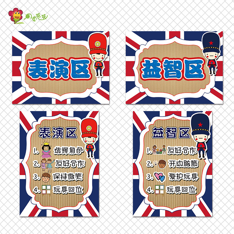 幼儿园英伦风环创主题墙中大班区域规则标识牌胡桃夹子士兵区域牌