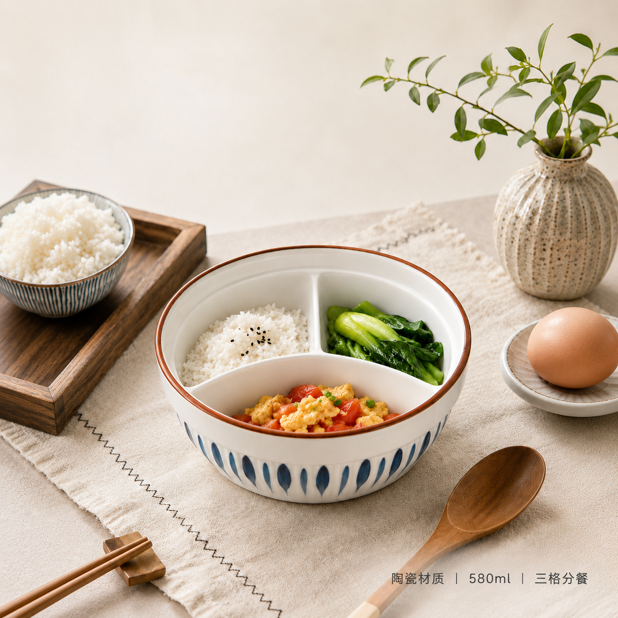 陶瓷三格饭盒微波保温减脂一人食