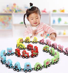 婴儿益智玩具磁铁性英文字母小火车带车厢动物拼接轨道车木头木制