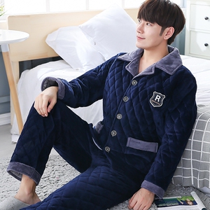 男士冬季三层加厚珊瑚绒夹棉睡衣法兰绒男加绒保暖棉袄家居服套装