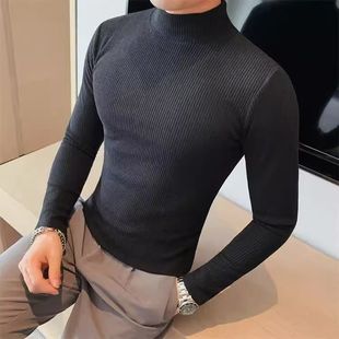 秋冬修身毛衣男加厚防寒条纹打底衫男半高领紧身T恤保暖衣T恤男士