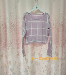 春季冬季女款短款紫色白色拼接长袖套头针织毛衣   满58包邮