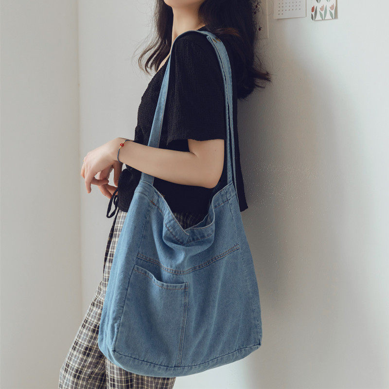 日系原宿ins少女学生帆布包包 韩国chic街拍大容量牛仔布单肩包潮