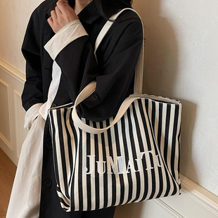 托特包女2025新款 chic休闲百搭帆布包女撞色条纹单肩包大容量 韩版