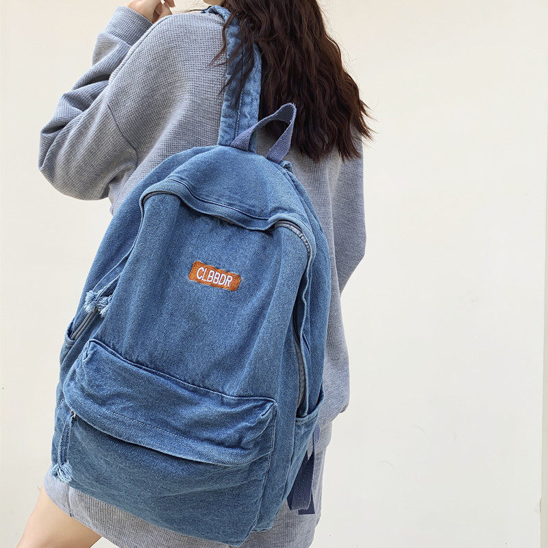 书包女ins风 日系简约慵懒风水洗牛仔高中生背包大学生帆布双肩包