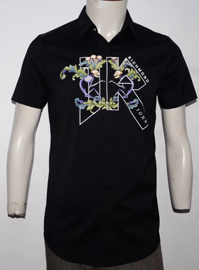 RIC男装夏翻领短袖衬衫 时尚大印花开胸衫 潮牌黑色弹力衬衣半袖