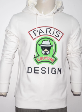 LF男装秋冬长袖连帽卫衣 时尚多工艺厚t恤衫 潮牌白色面衫套头衫