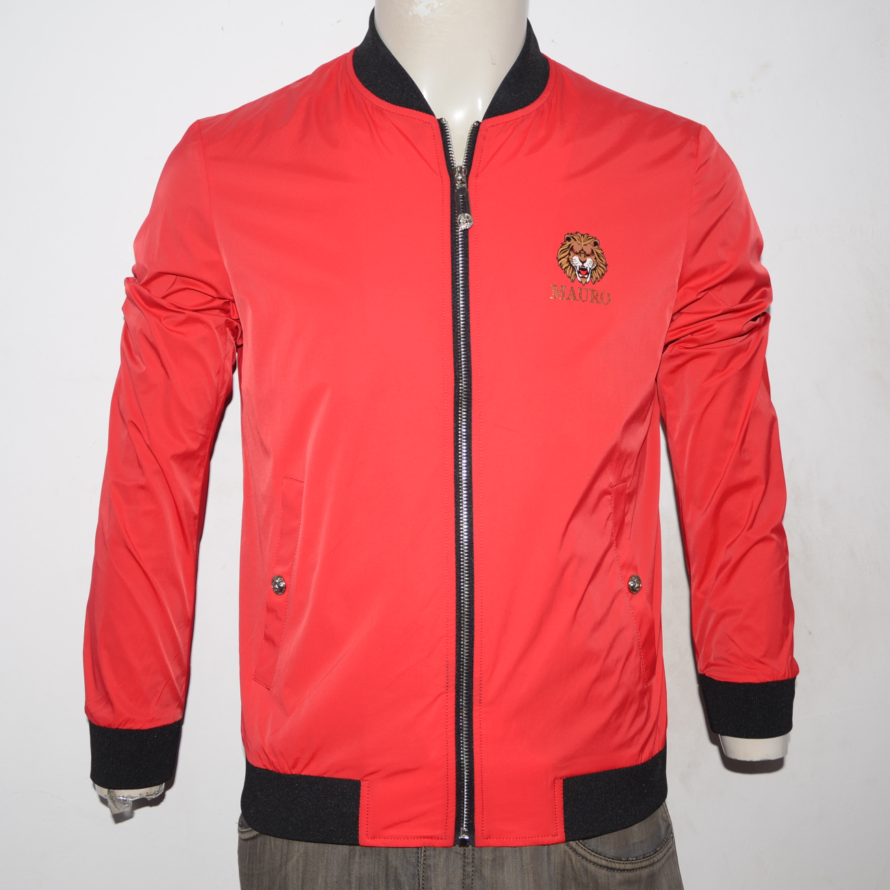 ML男装秋冬螺纹薄夹克衫 时尚印花烫钻茄克衫 潮牌小码红色外套