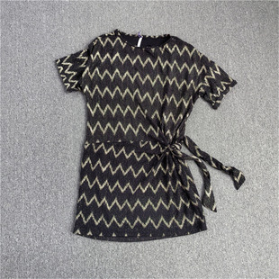 连衣裙 女士短袖 侧边系带收腰连衣中裙 黑色亮丝大码 外贸夏季