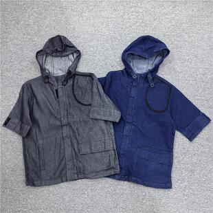 外贸中性男女连帽牛仔短袖外套上衣宽松休闲T恤衫大码胖mm外套