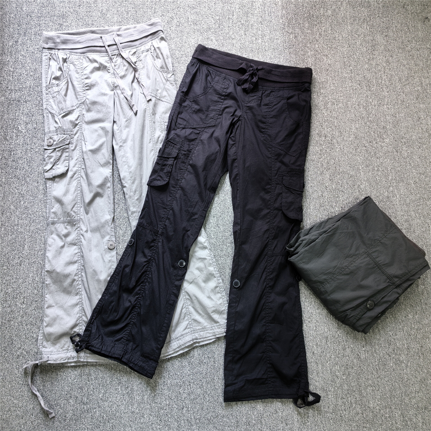 外贸元单 松紧腰薄款复古低腰多口袋工装裤 辣妹百搭微喇休闲女裤