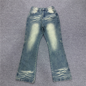 秋冬潮款 男 黄泥染猫须微喇牛仔长裤 男士 棉质复古休闲显瘦阔腿裤