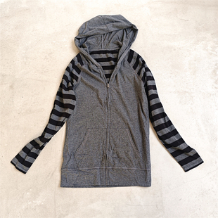 连帽外套 春秋长袖 外贸原单日系条纹休闲连帽拉链开衫 女卫衣