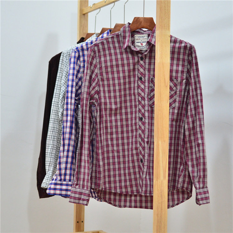 出口宽松纯棉长袖褂子夏季新款百搭口袋外衫休闲外贸格子衬衫 男