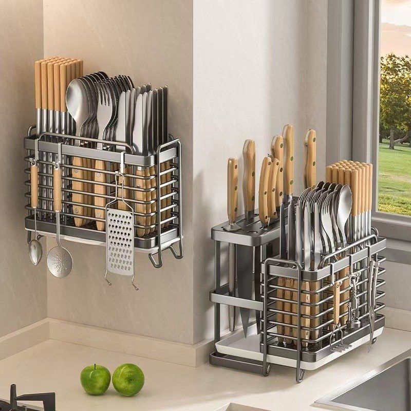 筷子收纳盒厨房置物架免安装一体壁挂式家用筷筒筷笼餐具勺沥水架