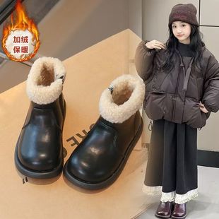 女童棉靴2025秋冬款 洋气加绒皮靴中大童毛绒短靴外穿防寒靴子 新款