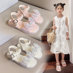 2025女童夏季公主风凉鞋水钻大童防滑蝴蝶结可爱甜美学院小童女鞋