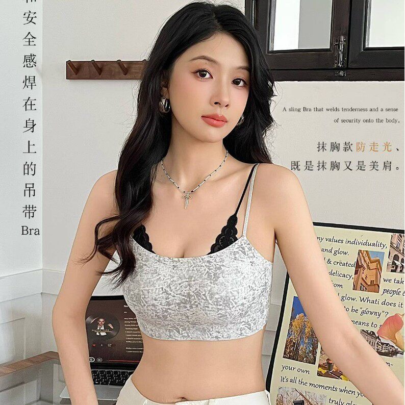 W6126# 蕾丝花边美背细闪吊带裹胸内衣女小胸聚拢打底防走光文胸