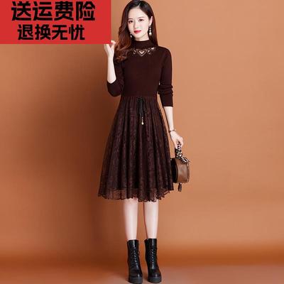 蕾丝针织连衣裙女中长款秋冬2025新款配大衣内搭小个子打底毛衣裙