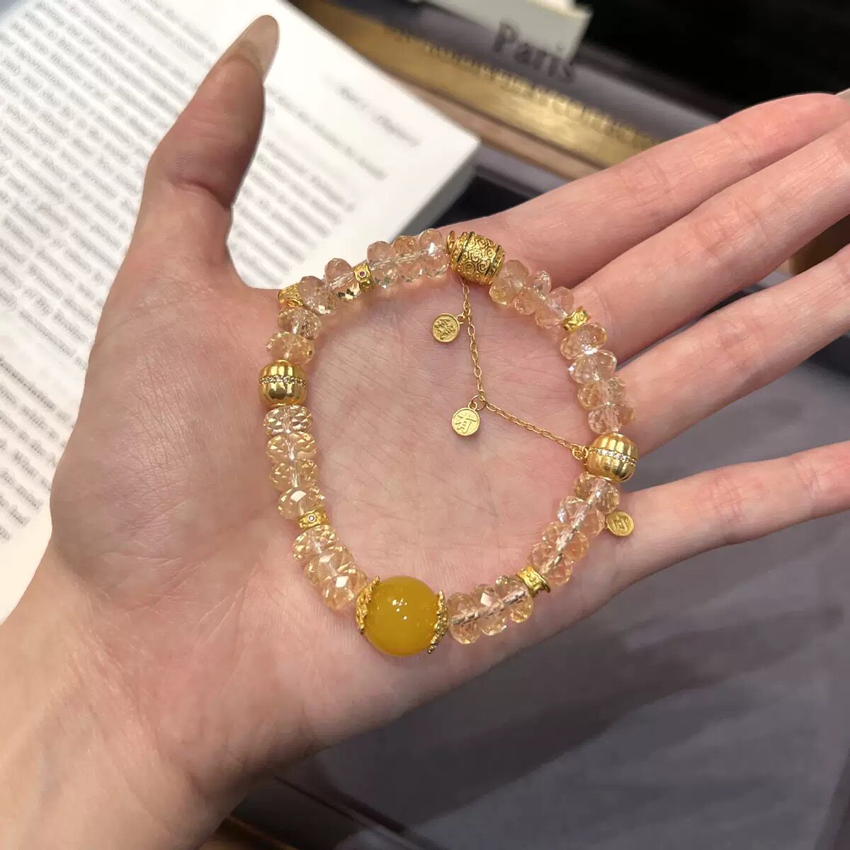 夏季新款天然黄水晶手链S925银镀金高级工艺小众百搭女款手串礼物