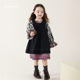 允儿妈秋季 女童公主裙宝宝背心裙 小众格子连衣裙亚麻混纺罩裙套装