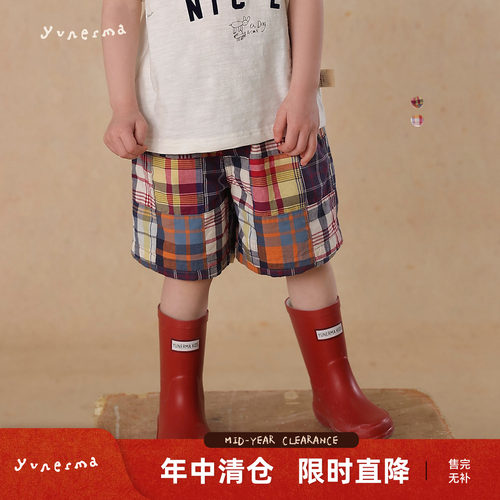 允儿妈女童百家布拼接格子短裤