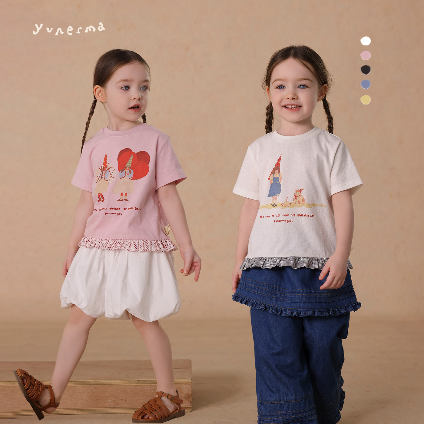 允儿妈女童原创插画花边短袖T恤