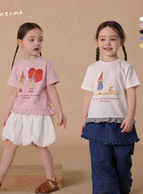 【原创插画师合作款】允儿妈女童2025夏季新款花边短袖T恤上衣潮