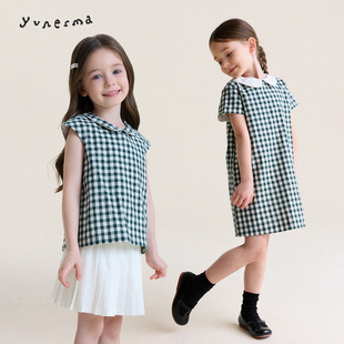 允儿妈女童春夏姐妹款复古格子娃娃衫连衣裙套装儿童上衣宝宝裙子