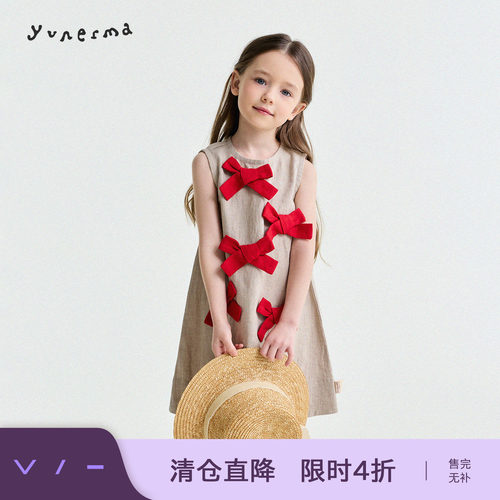 允儿妈纯亚麻蝴蝶结背心连衣裙