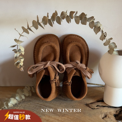 允儿妈女童纯牛皮流苏系绳皮鞋