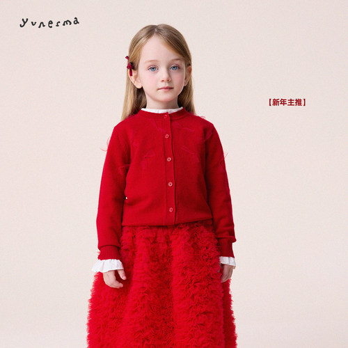 允儿妈女童网纱蝴蝶结开衫毛衣