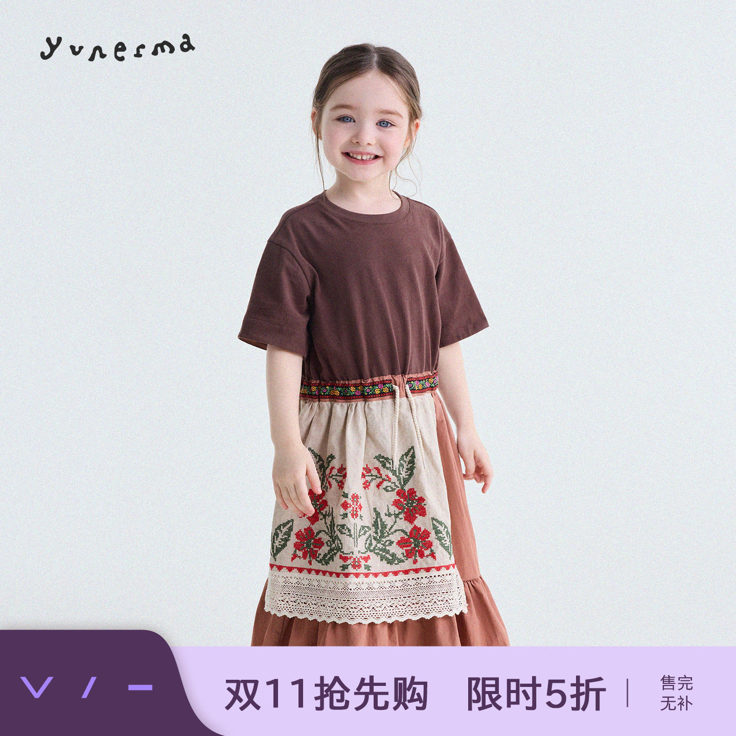 允儿妈女童复古拼接假两件围裙刺绣连衣裙 宝宝夏季公主裙T恤裙潮