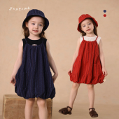 允儿妈女童复古条纹吊带裙渔夫帽套装 宝宝洋气连衣裙儿童时髦帽子