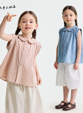 允儿妈女童2026夏季韩系纯棉翻领娃娃衫儿童洋气衬衫宝宝新款背心