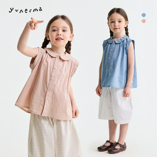 允儿妈女童2026夏季 儿童洋气衬衫 宝宝新款 背心 韩系纯棉翻领娃娃衫