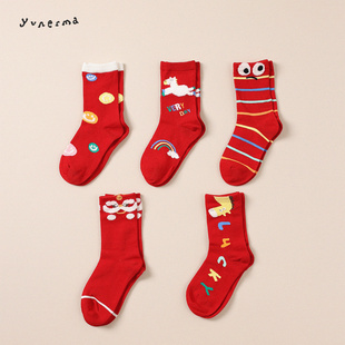 宝宝2026新年可爱袜子儿童本命年红色棉袜女童秋冬时尚 加厚中筒袜