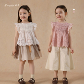 短袖 女童夏季 允儿妈2025新款 娃娃衫 儿童上衣 小众气质蕾丝花边飞袖