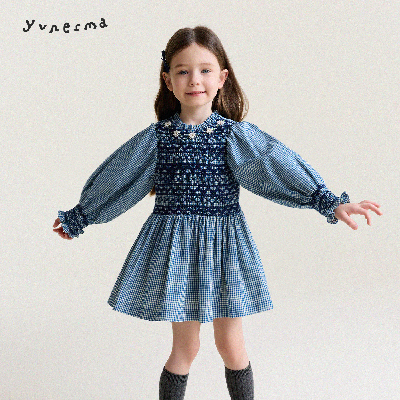 允儿妈女童春季手工打揽格子连衣裙儿童2026新款公主裙宝宝裙子潮
