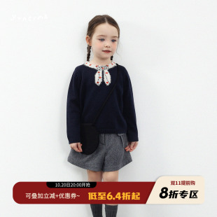 允儿妈女童秋季 儿童上衣潮 小众绵羊毛混纺蝴蝶结针织毛衣宝宝开衫