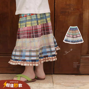 允儿妈女童日系时髦格子拼接大摆半身裙宝宝洋气公主裙儿童裙子潮