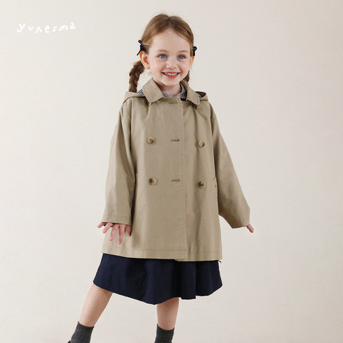 允儿妈女童中长款连帽风衣外套